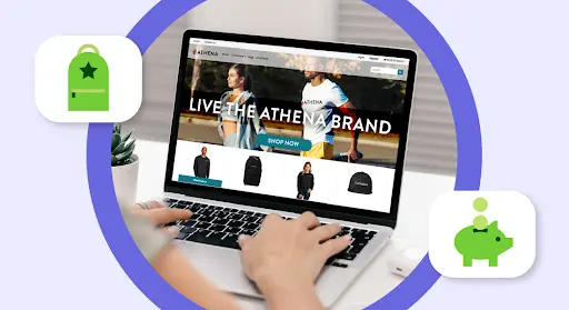 OMG online swag store on laptop mockup on purple background with green backpack and piggy bank icons floating