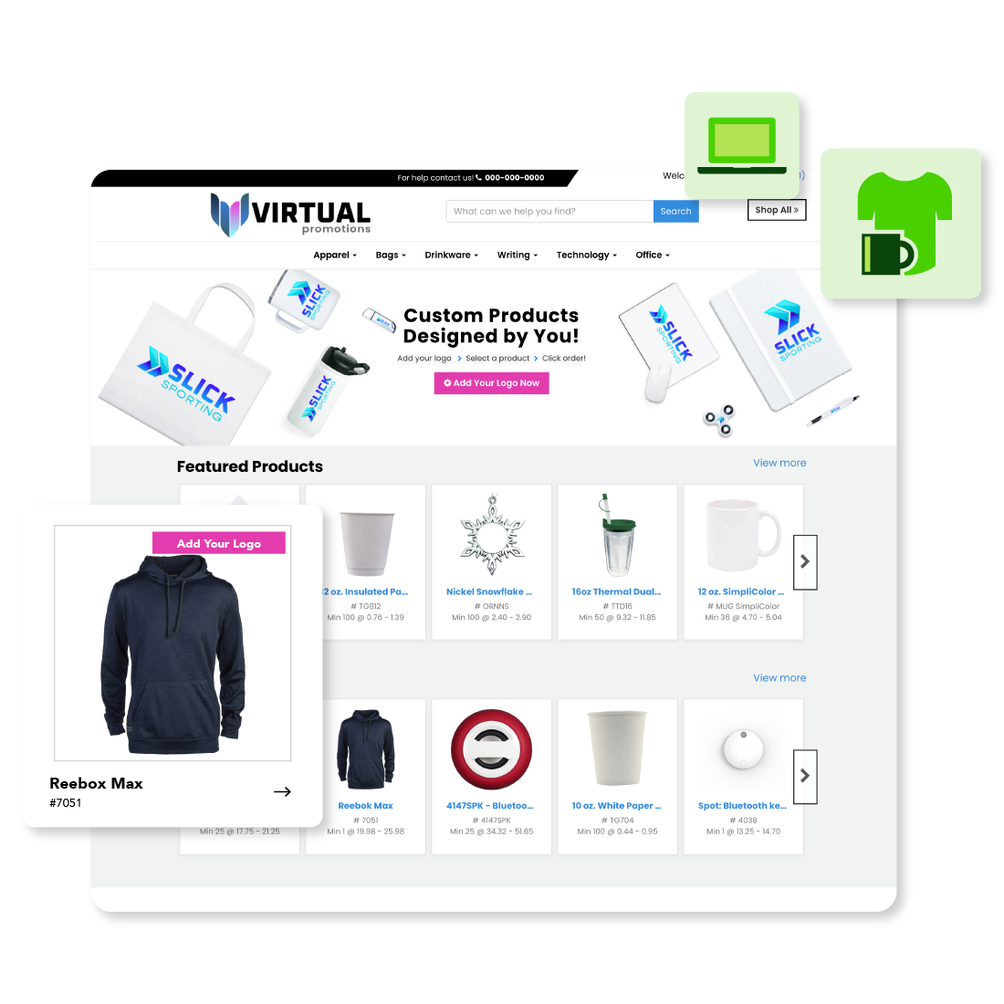 A screenshot of a website for "Virtual Promotions". On top of the screenshot is an overlay box showing a pullover hoodie product with a button to add your own logo.