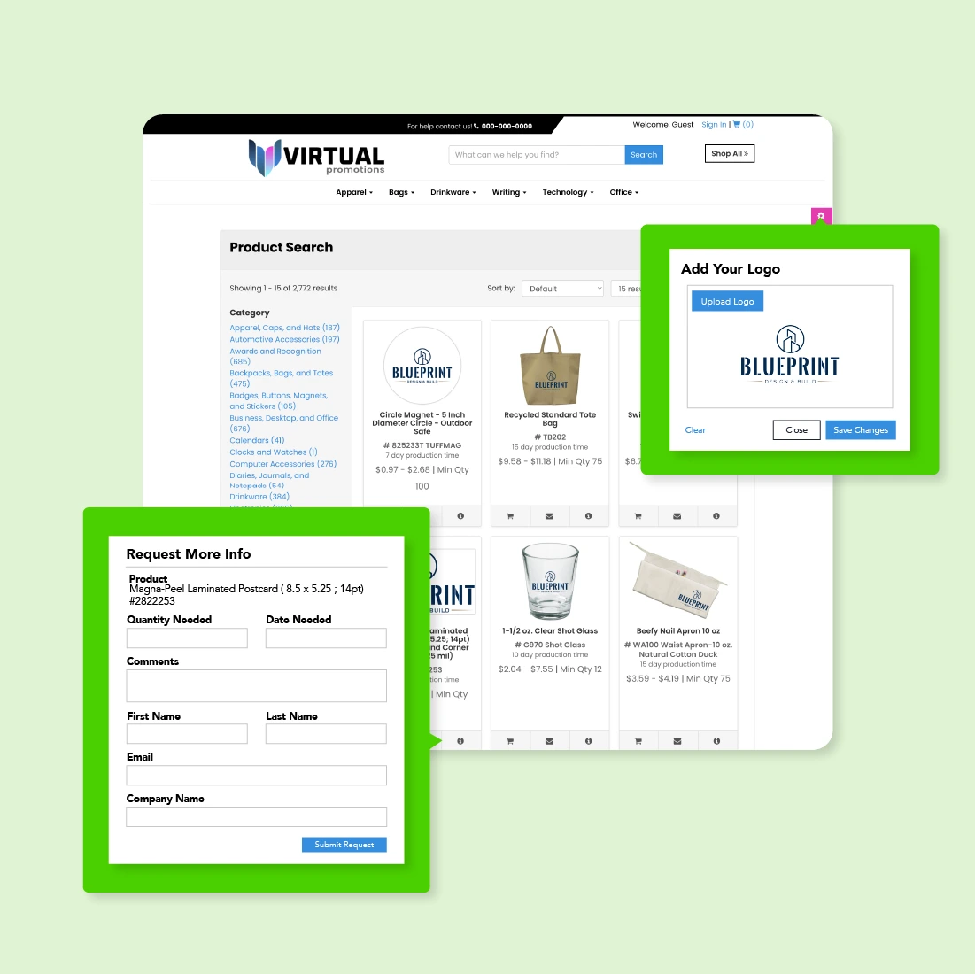"VIRTUAL promotions" website with a "Product Search" displaying promotional items. Overlays show an "Add Your Logo" pop-up for uploading a logo, and a "Request More Info" form for a product.