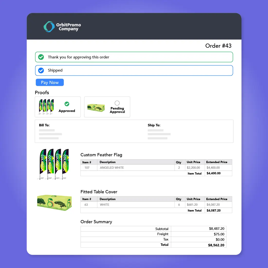 An order management product proof approval form.