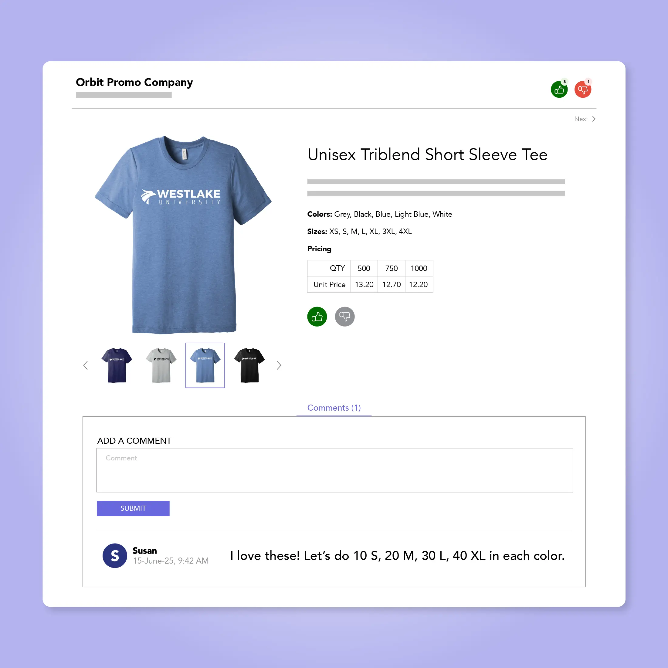 Product presentation for a "Unisex Triblend Short Sleeve Tee" for Westlake University, displaying color options, pricing, and a comment from Susan requesting specific quantities and sizes.