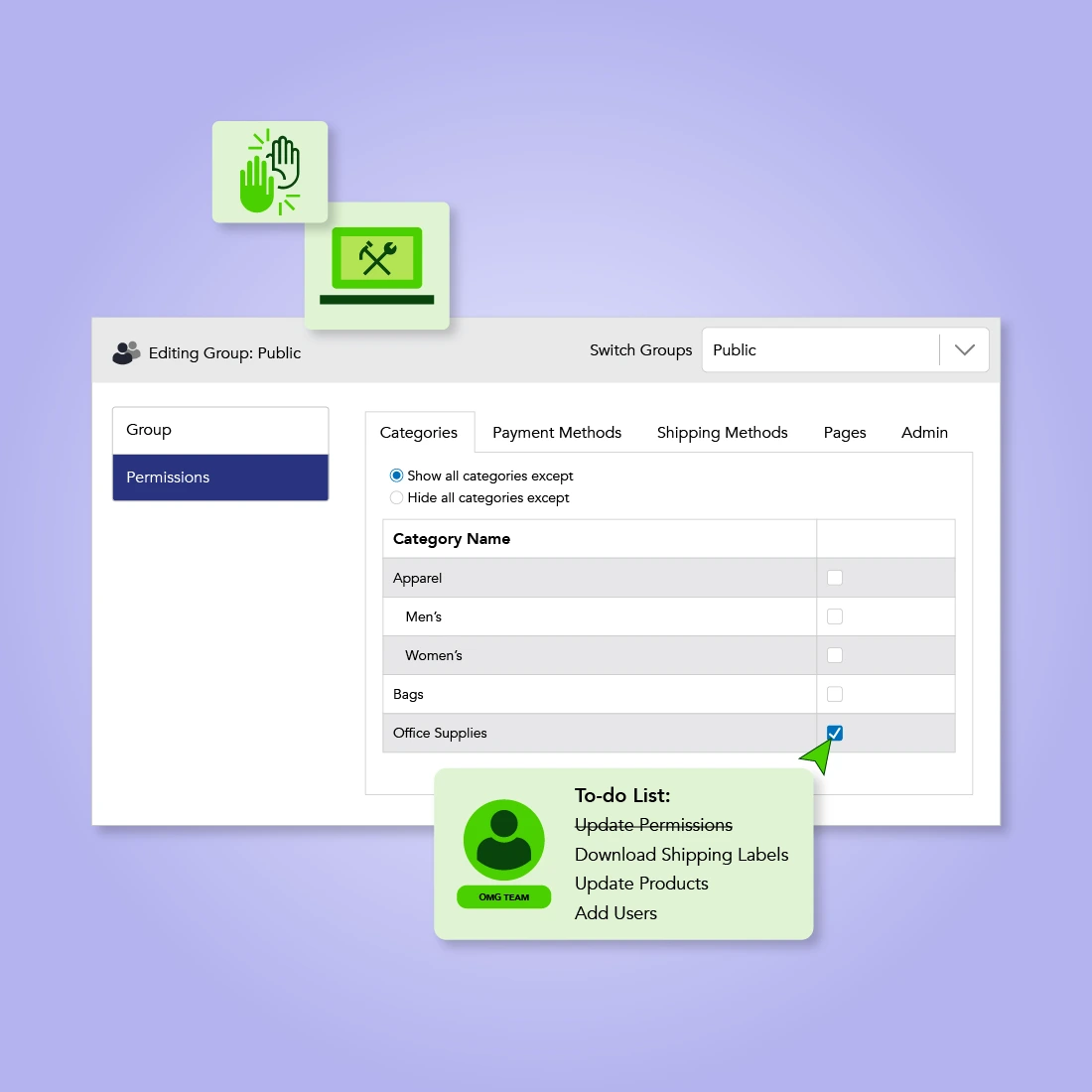 A mock up of the OMG interface for managing store permissions. Below it is a "to-do" list of administrative tasks that an OMG team member is completing.
