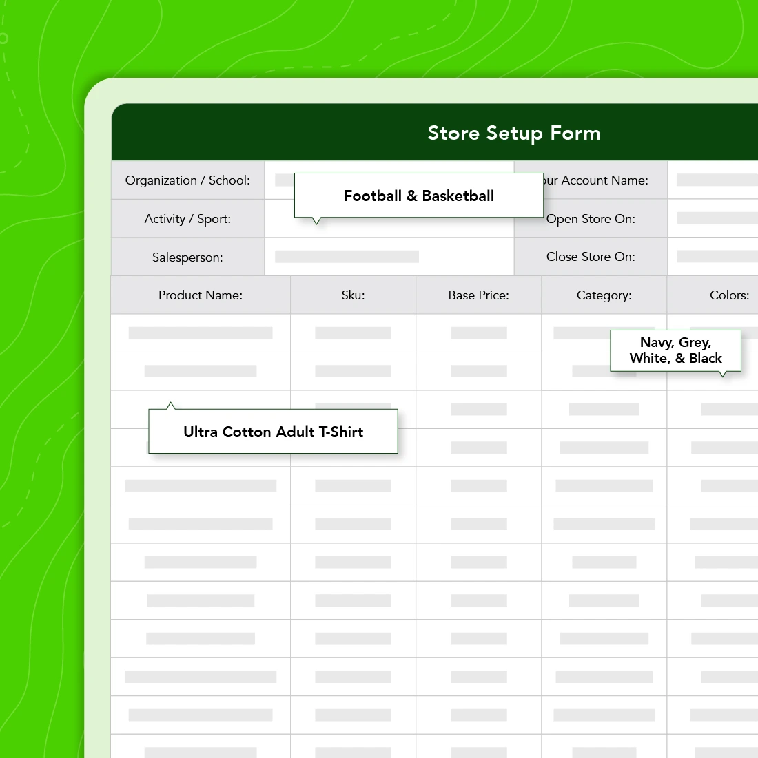 A mock up of a "Store Setup Form" for a company store, detailing activity ("Football & Basketball"), product colors, and "Ultra Cotton Adult T-Shirt" as a product example.