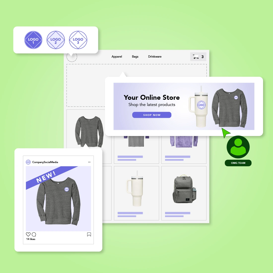 A display of various marketing services: multiple logo options, an online store preview with a banner and products, and a social media post showcasing new apparel.