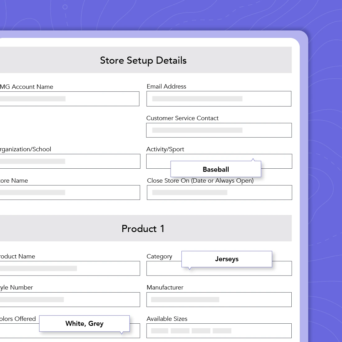 A mock up of a "Store Setup Details" form for a pop-up store, showing fields like "Activity/Sport: Baseball" and "Category: Jerseys," along with product details for "Product 1."