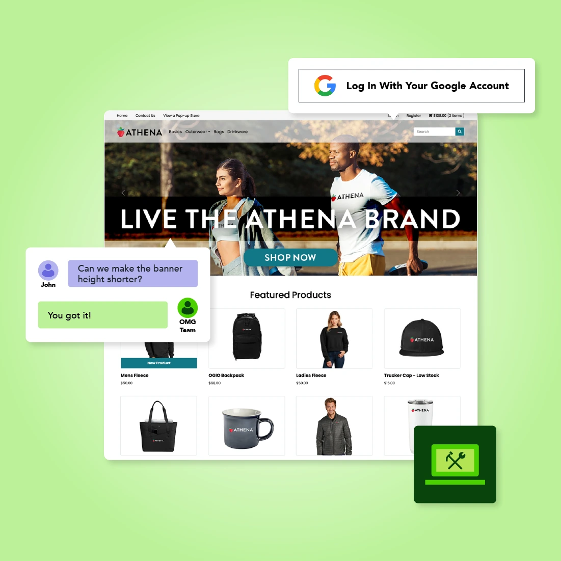 A company swag online store with a branded banner and featured products. Chat bubbles show user request for banner height change, fulfilled by "OMG Team."