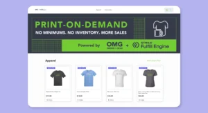 Print-on-Demand online store with t-shirt options on purple background