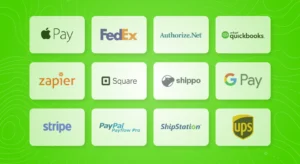 Grid of 12 OrderMyGear online store integrations logos on green background