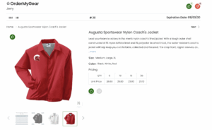 Example of the customer-facing view of the product detail page (PDP) of an OrderMyGear (OMG) presentation that shows pricing info for a polo