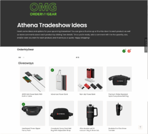 Example of the customer-facing view of an OrderMyGear (OMG) presentation showing product ideas for a hypothetical tradeshow that a distributor could pitch to their customer