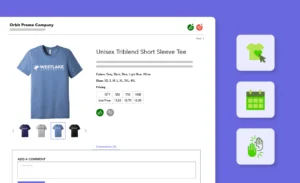 Mockup of OMG's Presentations for a university displaying a light blue short sleeve t-shirt, different sizes, colors, and a pricing table with tiered unit costs based on quantity with 3 icons on the left of a shirt, calendar, and high-five