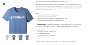 Example of a customer-facing view of an OMG Presentation product page with a customer-friendly t-shirt description.