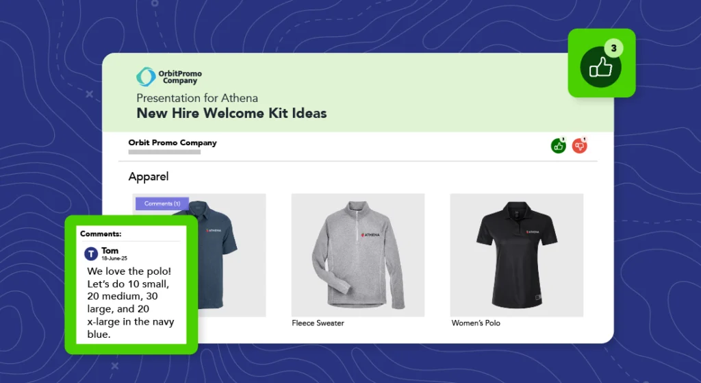Example of OMG's Presentations for a New Hire Welcome Kit online store, displaying shirt mockups and thumbs up