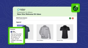 Example of OMG's Presentations for a New Hire Welcome Kit online store, displaying shirt mockups and thumbs up