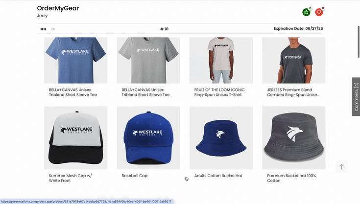 Example of the customer-facing view of an OMG Presentation with custom product categories showing how organization improves the browsing experience.