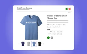 Example of an online store Presentations page for a university displaying a light blue short sleeve t-shirt, different sizes, colors, and a pricing table with tiered unit costs based on quantity