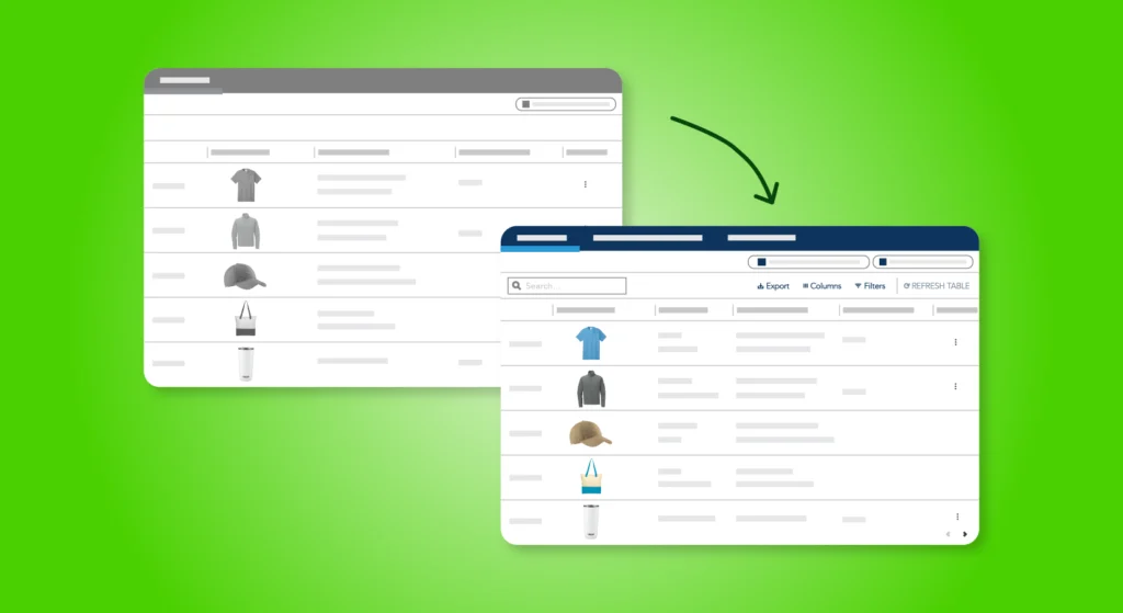 Mockup displaying product data being managed and transformed into PromoStandards on green background