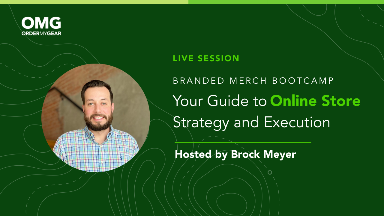 Title slide with speaker image: Branded Merch Bootcamp - Your Guide to Online Store Strategy and Execution hosted by Brock Meyer