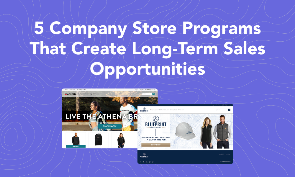 5 Company Store Programs That Create Long-Term Sales Opportunities graphic featuring custom online store mockups.