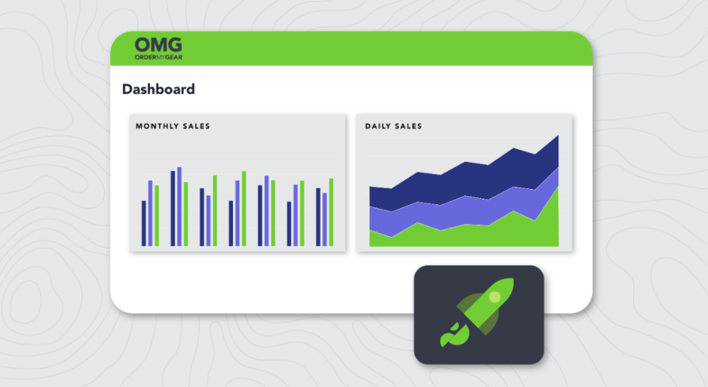 Graphic featuring an OrderMyGear dashboard window titled 