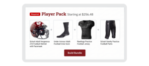Pop-up Store "Player Pack" bundle labeled "Required" starting at $256.48. The image displays four product thumbnails connected by plus signs: Schutt Adult Vengeance Z10 Football Helmet with Facemask, Under Armour Adult Football Crew Sock, Rawlings Practice Football Jersey, and Schutt Varsity Practice Football Pants. A dark red "Build Bundle" call-to-action button sits below the products.