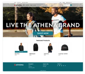 A mockup of an e-commerce storefront for an athletic brand called Athena. The large main banner features a man and woman in activewear outdoors, overlaid with the text 'LIVE THE ATHENA BRAND' and a 'SHOP NOW' button. Below, a 'Featured Products' section displays a men's fleece, an OGIO backpack, a ladies fleece, and a trucker cap.