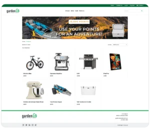 A mockup of a rewards redemption website for Garden Real Estate Group. The header banner reads '10,000 POINTS: USE YOUR POINTS FOR AN ADVENTURE!' over an image of a kayak. Below, a product grid displays items redeemable for 10,000 points each, including an electric bike, espresso machine, grill, iPad Pro, stand mixer, two-person kayak, and Yeti cooler.