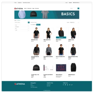Screenshot of an online corporate merchandise store for a brand named "ATHENA." A teal top banner reads "BASICS" and shows examples of branded apparel. The main section displays a grid of 12 branded products, including Nike polos, fleeces, Port Authority sweaters and button-down shirts, a trucker cap, business cards, gift certificates, and an OGIO backpack, with prices ranging from $10 to $98. A product filtering menu is visible on the left side of the screen.